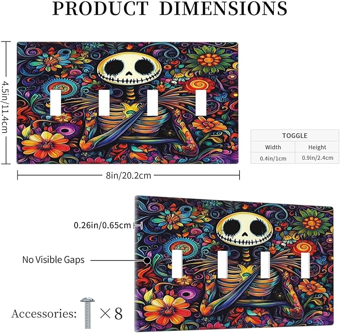 Light Switch Covers Colorful Flowers Abstract Skull Quad Toggle Electrical Faceplate 4 Gang Wall Plate Decorative Switch Plates For Home Living Room Decor