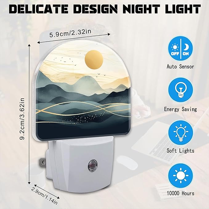 Golden Sun and Mountains Night Light for Kids,Watercolor Sunrise Sunset Mountain Plug in Night Light with Dusk to Dawn Sensor, 0.5w Energy Saving Nightlight for Hallway Stairway Kitchen Bedroom
