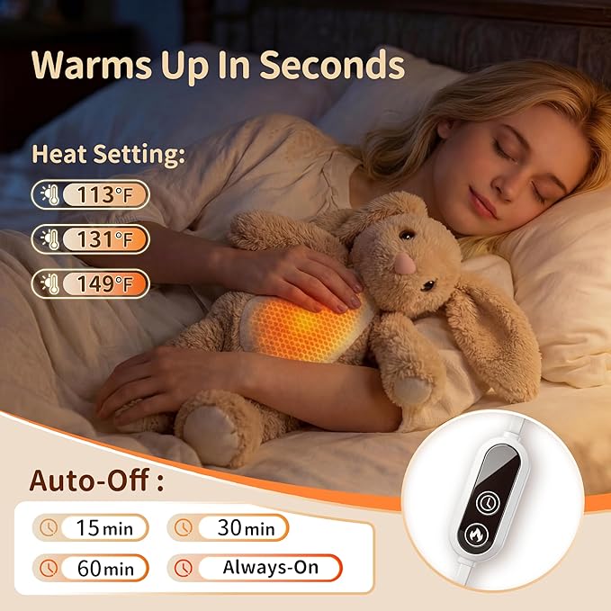 Rabbit Heated Stuffed Animal, Bunny Heating Pad for Period Cramps, USB Powered Heating Pad with Auto Shut Off,Warm Plushie for Belly Back Shoulder Pain Relief,Anxiety Relief, Gift for Mom Women