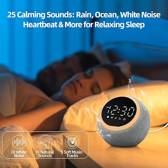 Smart Alarm Clock for Bedrooms, Digital Alarm Clock with White Noise Hatch Sound Machine, 25 Sounds, Night Light, Snooze, Sleep Timer, Adjustable Volume for Kids, Adults,Teens, Heavy Sleepers