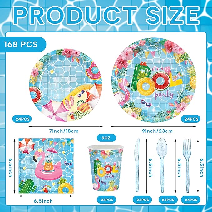 168pcs Pool Party Supplies Pool Party Plates Napkins Dispoasble Tableware Set Summer Decorations for Kids Birthday Hawaii Summer Holiday Serve 24 Guests