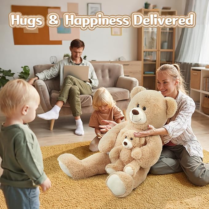MorisMos Decorations Teddy Bear with Baby for Baby Shower, 39 Inch Soft Bear Stuffed Animal, Gift for Birthday Kids Girls Boys, Party Favor, Tan