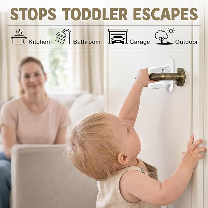 4 Pack Child Door Locks Lever Handle | Baby Safety Door Knob Lock | Prevent Toddlers from Opening Doors, Easy for Adults to Open | Durable Adhesive Simple Install | 8 Bonus Pinch Guards Included
