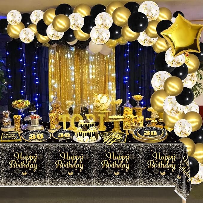 30th Birthday Decorations for Women and Men - 81 Pcs Plates Napkins 30th Tablecloth Forks Set Black and Gold Party Decorations Serve 20