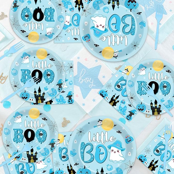 96PCS Halloween Little Boo Baby Shower Plates and Napkins for Boo baby shower Decorations Disposable Blue and Black Dinnerware Plates Napkins Forks for Halloween Party Favors