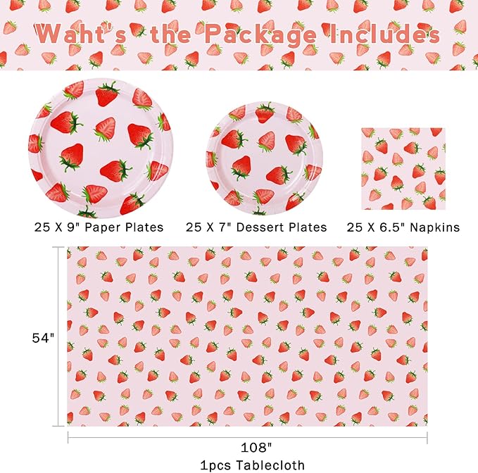 Strawberry Party Tableware Set,Strawberry Birthday Decoration,Summer Fruit Party Supplies Paper Plates Napkins Tablecloth for 25 Guests Great for Birthday Summer Fruit 1st