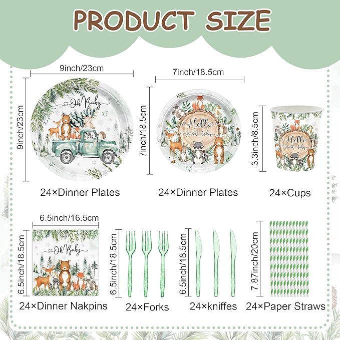 168PCS Woodland Baby Shower Party Supplies for Boys Girls Kids Winter Forest Party Decorations Jungle Animals Themed Plates and Napkins Cups Forks Knives and Straw Tableware Serve 24 Guests