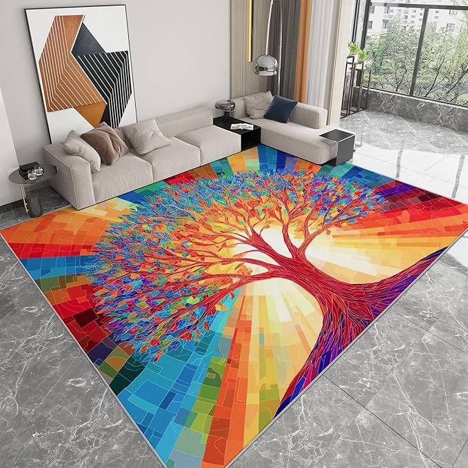 Colorful Tree of Life Rugs for Living Room Bedroom 5.2×6.6ft Washable Non-Slip Accent Carpet for Dining Room, Ultra-Thin Low-Pile Rug for Bedside Home Decor
