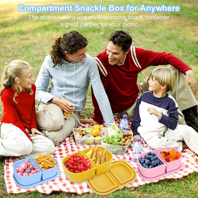 3 Pack Reusable Silicone Snack Containers with Lids, Mini Containers 2 Compartments, Portable Silicone Food Storage Box for Picnic, School lunch, adults Offic, party