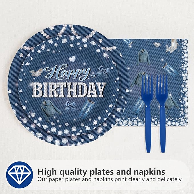 96Pcs Denim and Diamonds Birthday Party Decorations Denim Theme Jacket Jeans Plates and Napkins Crystal Diamonds Tableware Set for Women Birthday Bachelorette Bridal Shower Wedding Supplies Serves 24