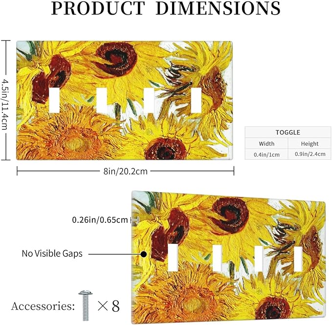 Rustic Sunflower Oil Painting Vintage Flowers Light Switch Covers Quad Toggle Electrical Faceplate 4 Gang Wall Plate Decorative Switch Plates for Bed Room Living Room Decor