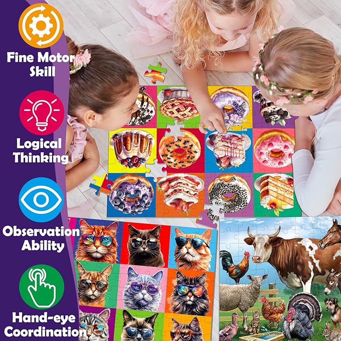 Puzzles for Kids Ages 4-6 and 6-8,3 Pack 100 Pieces Double Sided Jigsaw Puzzles for Kids Ages 8-10 Year Old (6-in-1),Learning Educational Puzzles Toys for Boys and Girls,17” x 11.5”