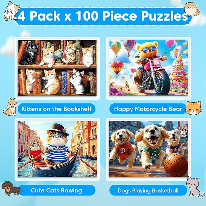 4-Pack 100 Piece Puzzles for Kids Ages 4-6 6-8 8-10 Year Old - Lovely Cats & Bear & Dogs Large Piece Jigsaw Puzzles, Kids Puzzles Learning Educational Toys Christmas Puzzle Gifts for Boys Girls