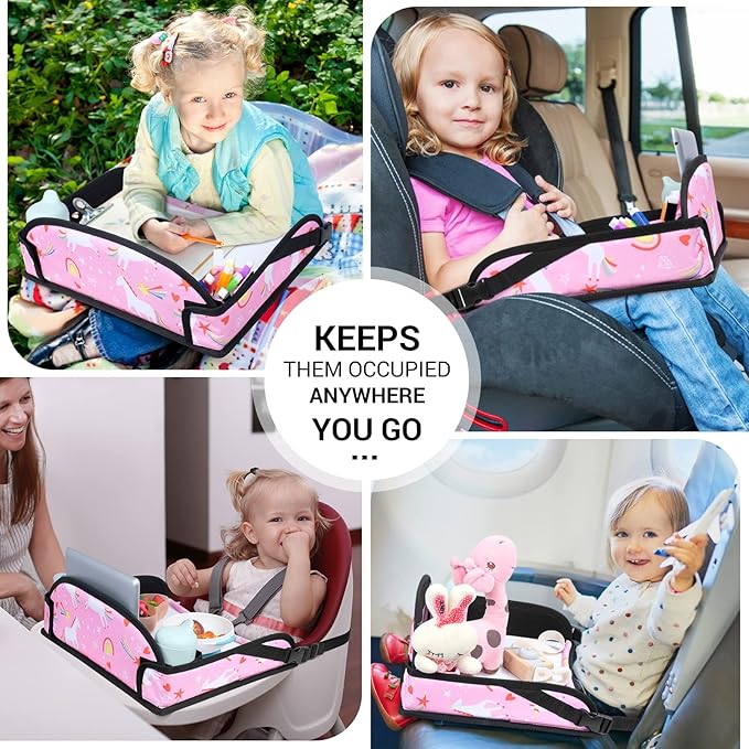 COOLBEBE Kids Travel Tray for Toddler Car Seat, Portable Car Seat Lap Tray with 2 Cup Holders & 8 Markers, Pink Unicorn Travel Tray for Airplane, Road Trip Activities for Kids