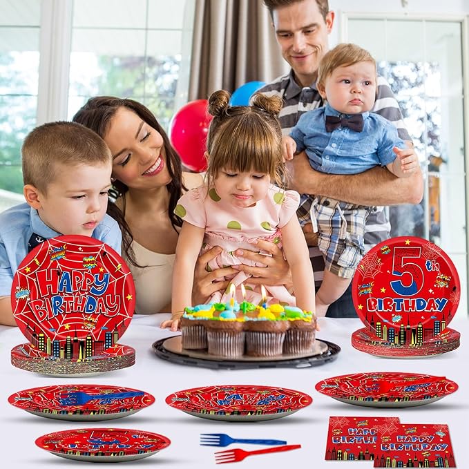 96Pcs Spider 5th Birthday Party Decorations Cartoon Spider Theme Plates Napkins Red Blue Hero Tableware set Disposable Spiderweb 5th Birthday Decoration Favors for Kids 5 Year Party Supplies Serve 24