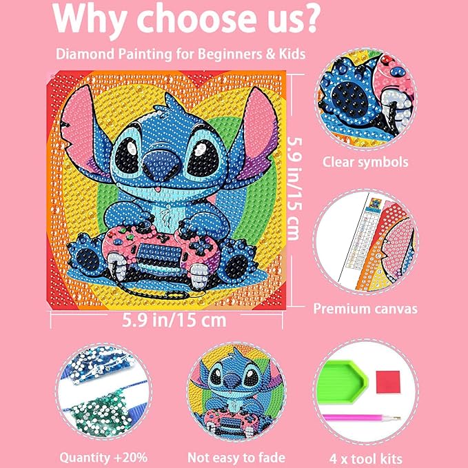 KOJEFCV 4 PCS Diamond Art Painting Kits for Kids, Cartoon Diamond Art for Kids Ages 4-8-12, Cartoon Gem Painting Kit Crafts Beginners for Gift Home Wall Decor (6x6 inch)