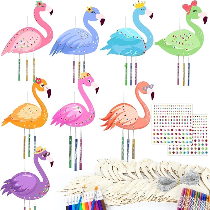 gisgfim 16 Pack Flamingo Wind Chime Kits Flamingo Crafts for Kids Make Your Own Summer Wind Chime Wooden DIY Arts and Crafts for Hawaii Summer Party School Classroom Decor Supplies Birthday Favors