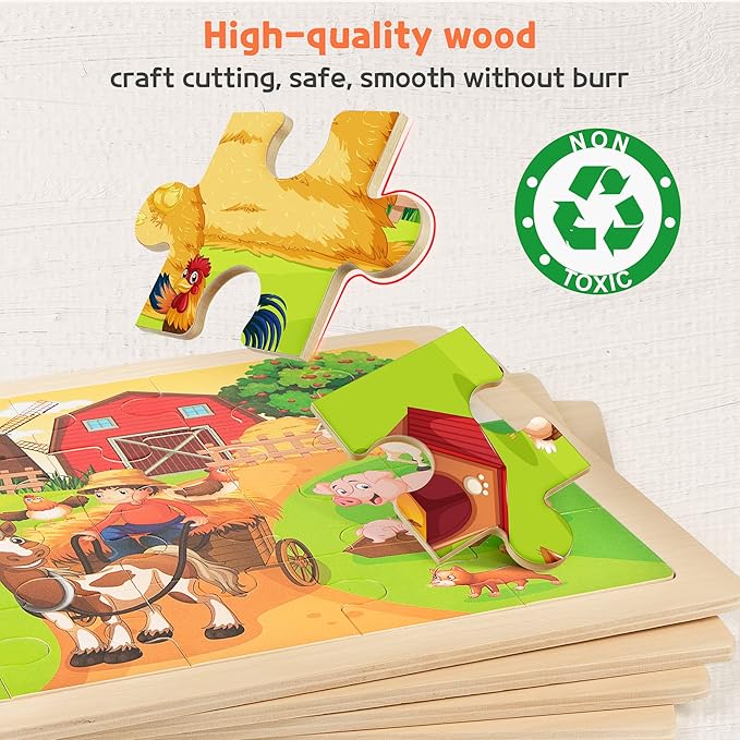 SYNARRY Large Animals Wooden Puzzles for Kids 4 in 1 Gift Box(12.2 * 9.4 in), Jigsaw Puzzles for Toddlers 3-5, Puzzles for Kids Ages 4-6, Easter Basket Stuffers Gifts Toys for Kids