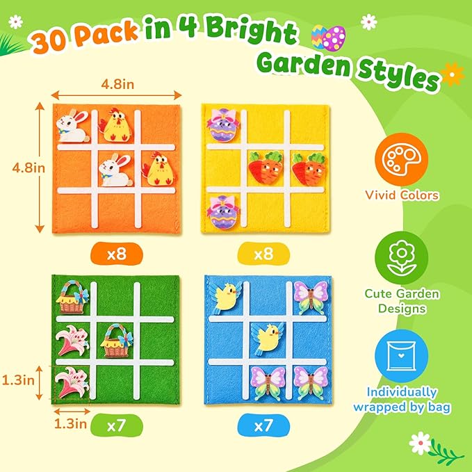 JoyCat 30 Pack Tic Tac Toe Party Favors for Kids, Felt Travel Board Games with Storage Pouch, Classroom Prizes, Goodie Bag Stuffers, Birthday Gifts for Students(Garden)