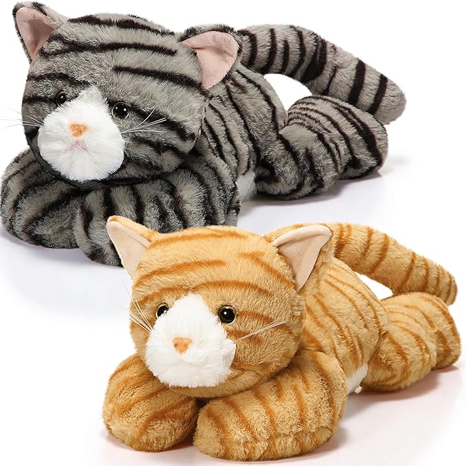 Libima 2 Pcs 16 Inch Cat Stuffed Animals 1.5 Lbs Orange Realistic Gray Cat Plush Toy Soft Stuffed Kitten Sensory Comfort Plush Throw Pillow for Adults Kids Christmas Birthday Gifts(Striped)