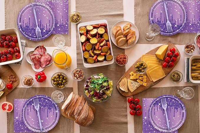 72 Pcs Purple Glitter Paper Plates 7in Disposable Paper Dessert Plates Napkins and Forks Party Tableware Set Happy Birthday Table Decorations for 24 Guests Purple Birthday Wedding Theme Party