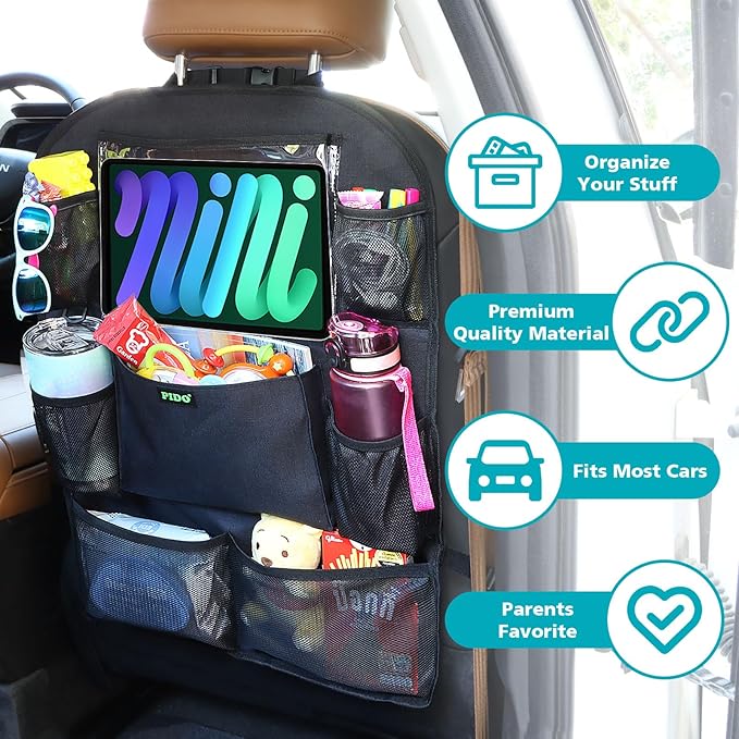PIDO Car Seat Organizer for Backseat, Back Seat Organizer for Kids with Touch Screen Tablet Holder and 8 Pockets, Car Travel Accessories, Road Trip Essentials for Kids, 2 Pack