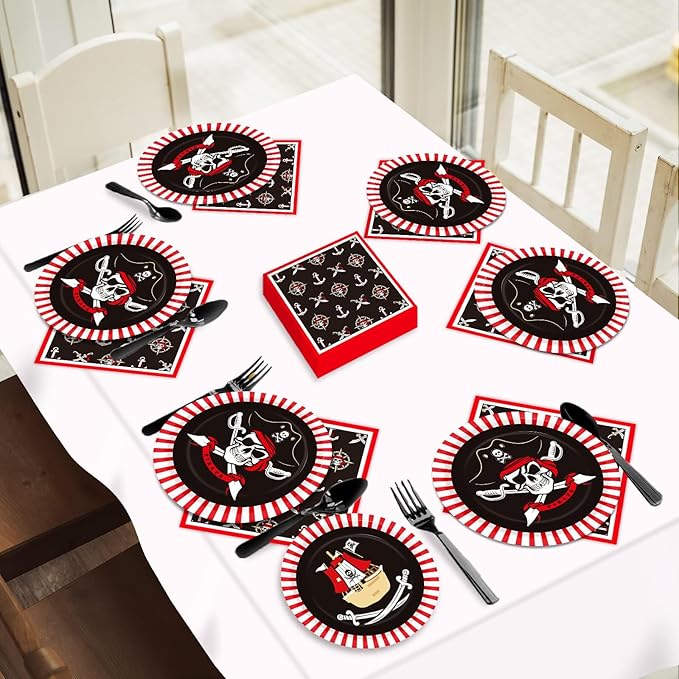 96pcs Pirate Birthday Tableware Set Pirates Party Paper Plates and Napkins Decorations Pirate ship Bone Disposable Dinnerware Supplies for Adult Teens Kids Birthday Party Favor, Severs 24