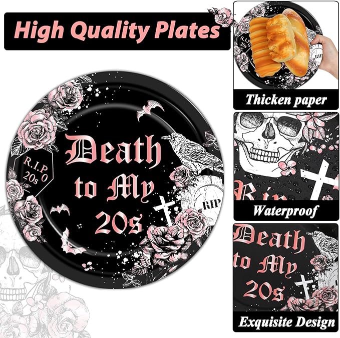 Qyeahkj 100 Pcs 30th Birthday Party Supplies Death to My 20s Paper Plates and Napkins Set Disposable Black Rose Gold Rip to My 20s Tableware Decorations for Women Funeral Youth Party Serve 25 Guests
