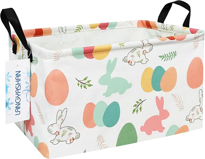 LANGYASHAN Rectangular Storage Bin Collapse Canvas Fabric Cartoon Storage Basket with Handles for Organizing Home Kitchen Boys and Girls Toys Office Closet Shelf Baskets (Rec Rabbit Easter Egg)