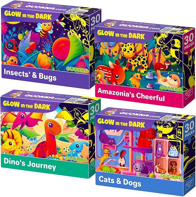 QUOKKA Puzzles for Toddlers 4-6 – 4x30 Pieces Puzzles for Kids Ages 3-4 – Glow-in-The-Dark Dinosaur & Animals Learning Jigsaw Puzzle for Kids 3-5 Years Old