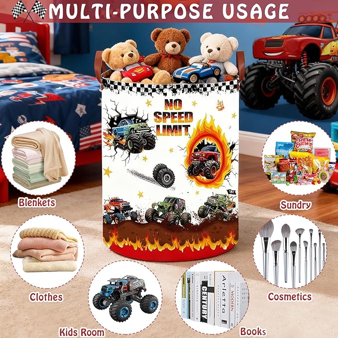 Monster Trucks Laundry Basket with NO SPEED LIMIT Sign,Car Room Decor Nursery Hamper,Gift Bag Storage Bin for Toy Car Stuffed Animals Clothes Books Boys Valentine's Day Gift(Round)