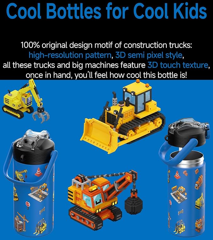 MYFOREST 14oz/400ml Insulated Kids Water Bottle, Odor-Free Surgical Grade Liner, Dishwasher-Safe, Name Spot, Soft Sipper, Gift for Big Machine Fan (Construction Vehicles)