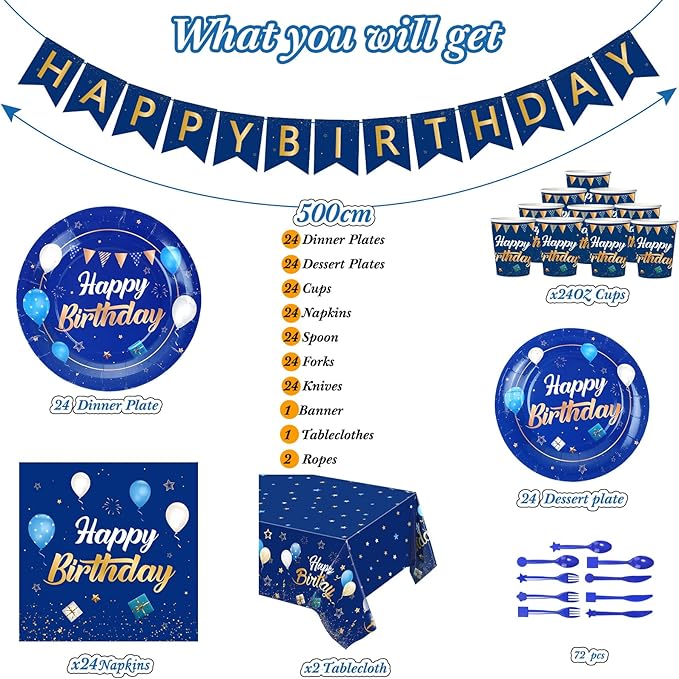 Pajean Blue Happy Birthday Party Tableware Set Birthday Decoration Banner and Tablecloths Decoration Plates Cups Napkins Dinnerware for 24 Guests Party Supplies(Blue and Gold)