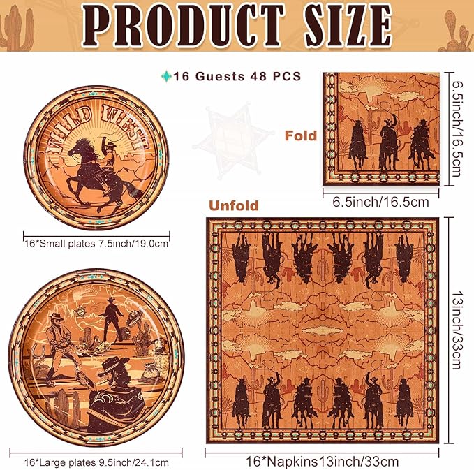 WERNNSAI Western Party Decorations - 48 PCS Cowboy Plates and Napkins First Rodeo Birthday Supplies Wild West Themed Tableware for Kids Boys Birthday Bachelorette Party Decor Serves 16 Guests