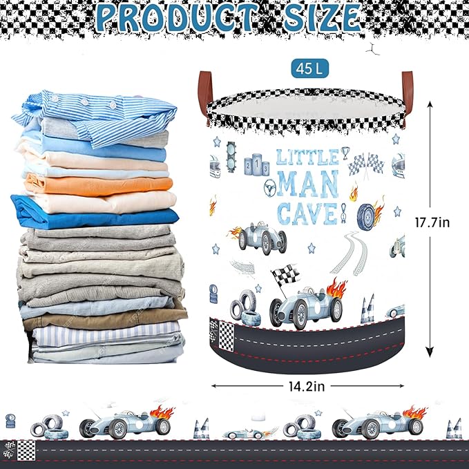 Car Themed Room Decor Laundry Basket, Kids Vintage Car Nursery Hamper,Tire Toy Box for Boys,Collapsible Clothes Book Organizer Bin for Baby,Christmas Gift(Vintage Blue,Round)