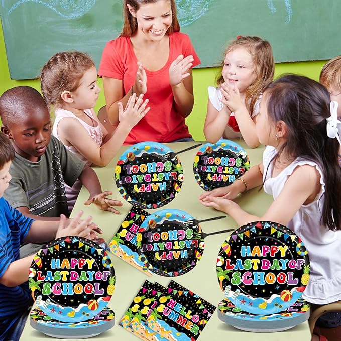 96 Pcs Happy Last Day of School Paper Party Plates and Napkins for Summer Vacation Supplies Summer End of School Year Theme Dessert Tableware Set for 24 Guests Birthday Party Decorations