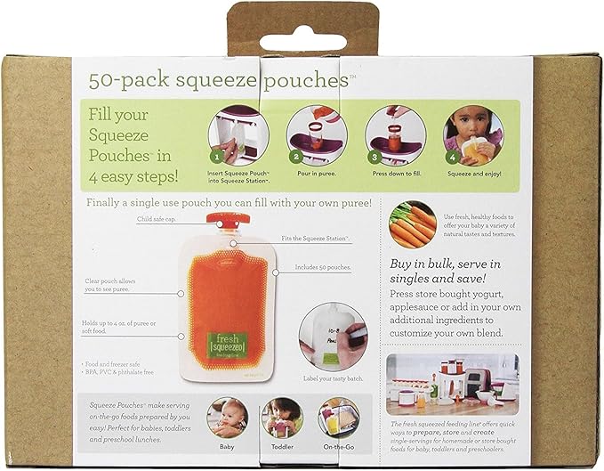 Infantino Disposable Squeeze Pouches, Baby Food Pouches for Portable Homemade Semi-Solid Food for Babies and Toddlers, BPA and PVC free, Freezer Safe, 50-Pack