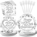 Grencian 96Pcs 25th Wedding Anniversary Decorations Cheer to 25 Years Party Plates and Napkins Silver Glitter Tableware for Couple Husband Wife Silver Wedding Anniversary Decorations Serves 24