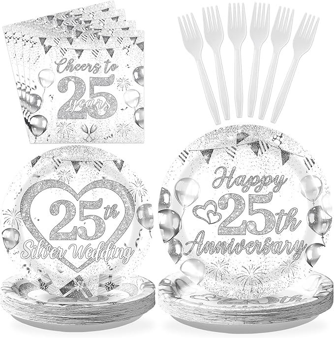 Grencian 96Pcs 25th Wedding Anniversary Decorations Cheer to 25 Years Party Plates and Napkins Silver Glitter Tableware for Couple Husband Wife Silver Wedding Anniversary Decorations Serves 24