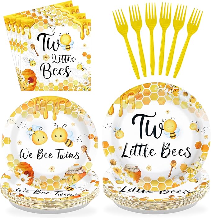 96Pcs Two Little Bees Party Supplies Bumble Bee Twins Theme Plates and Napkins Tableware Sets We Bee Twins Party Decorations for Bees Twins Baby Shower 2nd Birthday Decorations Serves 24