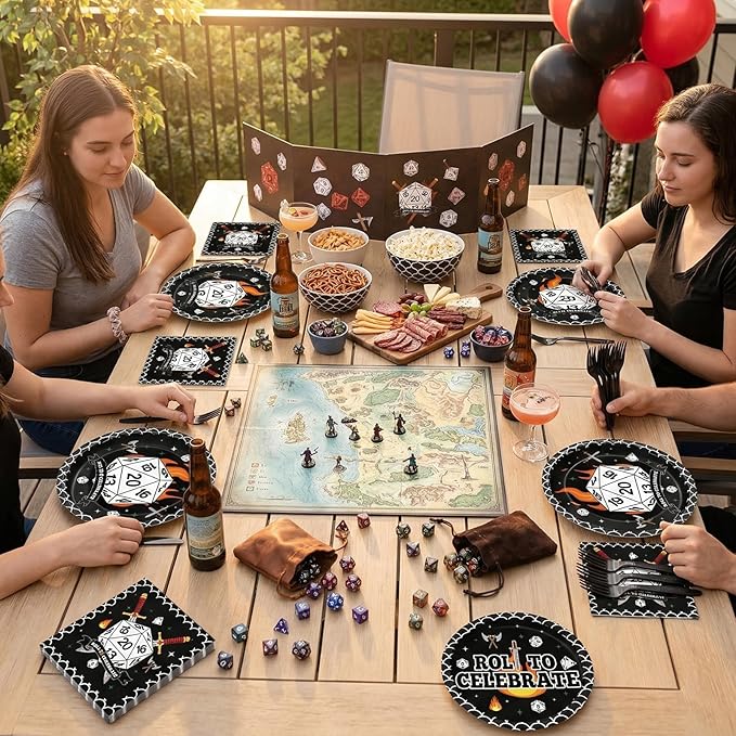 96Pcs D20 Dice Themed Birthday Party Plates and Napkins Dungeons Game Night Decor Roll to Celebrate Paper Disposable Cake Plates Role-Playing Game Themed Tableware Set for Adults Baby Shower 24 Guests