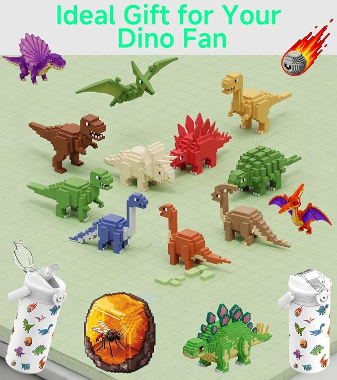 MYFOREST 14oz/400ml Insulated Kids Water Bottle, Odor-Free Surgical Grade Liner, Dishwasher-Safe, Name Spot, Soft Sipper, Gift for Dino Fan (DinoCraft: Pixel)