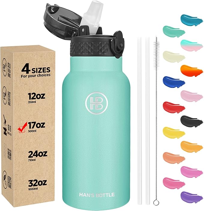Han's Bottle Kids Water Bottle with Straw Lid - Insulated Stainless Steel Reusable Tumbler for Girls,Boys,Thermo Mug,17oz,Sky
