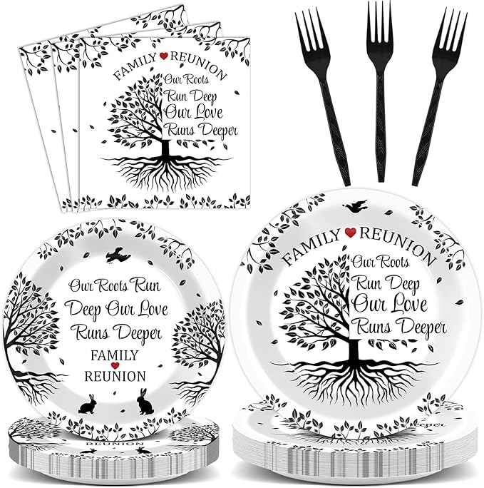 96 Pcs Family Reunion Birthday Party Plates and Napkins for Girls Black and White Family Tree Party Supplies Home Family Tree Leaves Paper Cake Dessert Tableware Set for 24 Guests Party Decorations