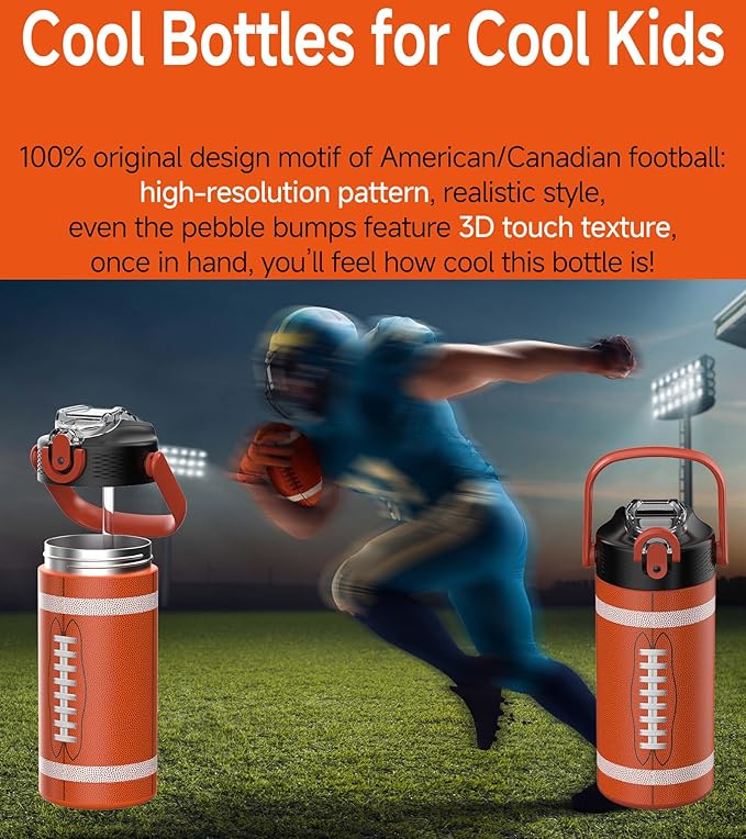 MYFOREST 14oz/400ml Insulated Kids Water Bottle, Odor-Free Surgical Grade Liner, Dishwasher-Safe, Name Spot, Soft Sipper, Gift for Sports Fan (American Football 2)