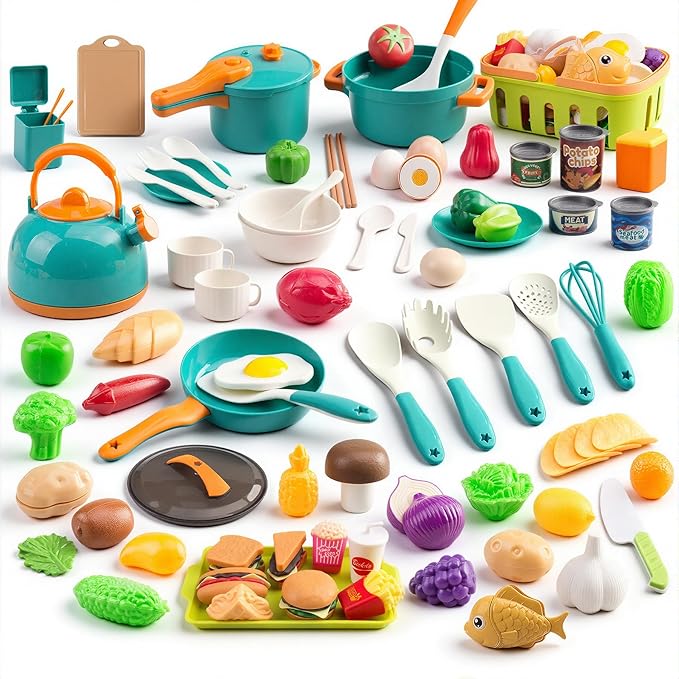 118Pcs Mini Play Kitchen Accessories for Kids, Pretend Cooking Playset with Cookware, Tableware & 2 Fruit Sets, Learning Gift for Girls, Boys, Toddlers, Green