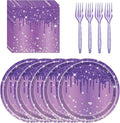 72 Pcs Purple Glitter Paper Plates 7in Disposable Paper Dessert Plates Napkins and Forks Party Tableware Set Happy Birthday Table Decorations for 24 Guests Purple Birthday Wedding Theme Party