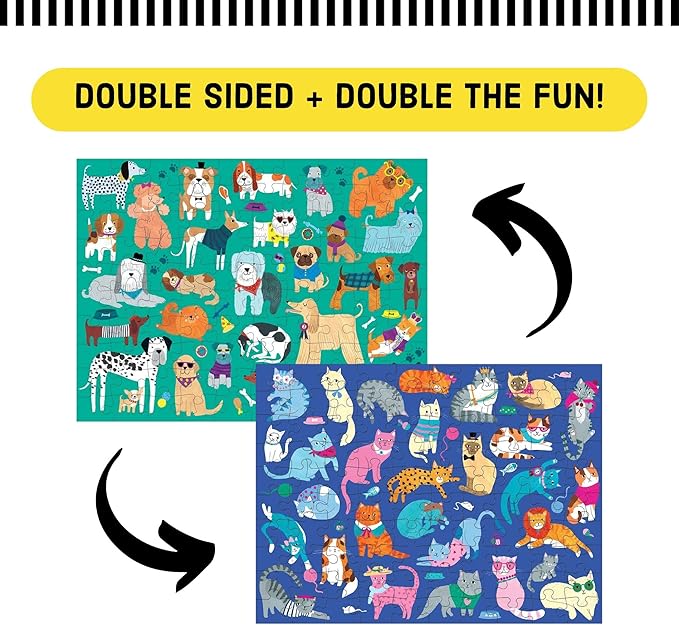 Mudpuppy Cats and Dogs Double-Sided Puzzle, 100 Pieces, 22”x16.5” – Perfect Family Puzzle for Ages 6+ - Colorful Illustrations of Dogs on One Side and Cats on the Other – Two Fun Puzzles in One Box