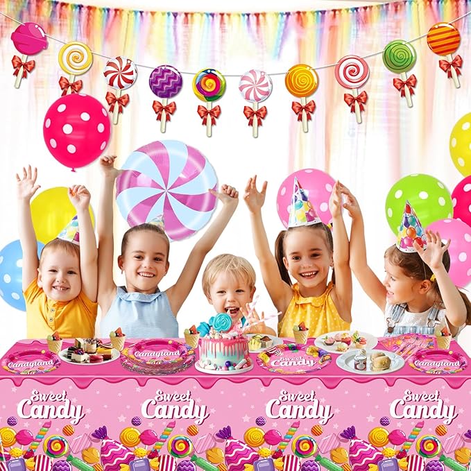 Candyland Party Decorations - 81Pcs Plates, Napkins, Candy Tablecloth, Pink Forks Set for Lollipop Theme Birthday Party Decorations Candy Theme Party Supplies, Serve 20