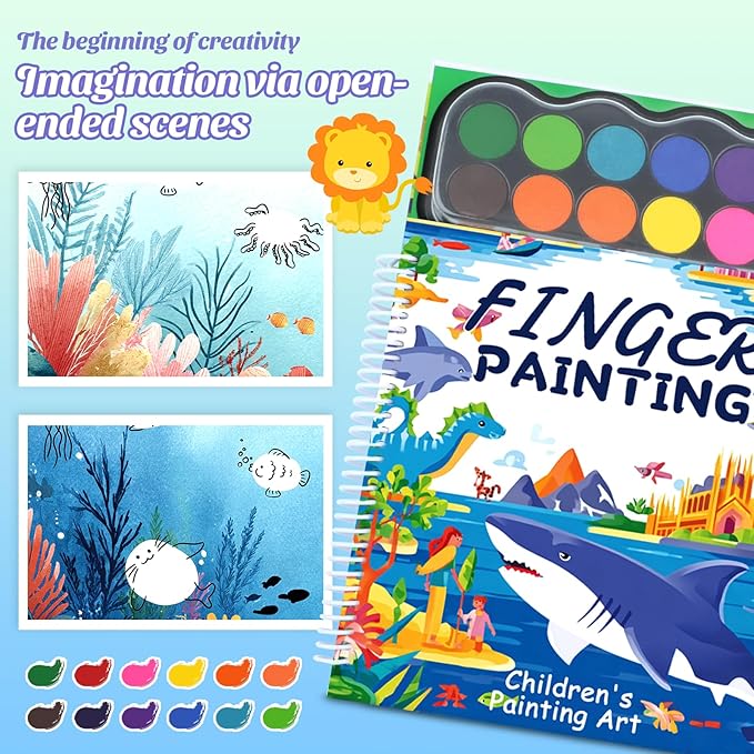Finger Paint Coloring Book for Kids, Hardcover Travel Finger Paint Kit Include 12 Colors Ink Pad Finger Painting Activity Book, Portable Sensory Activity Develops Creativity, Travel Busy Book for Kids -Ocean World